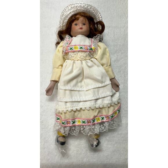 Porcelain Doll Small White Yellow Dress with Pink Trim and Hat - Picture 1 of 3